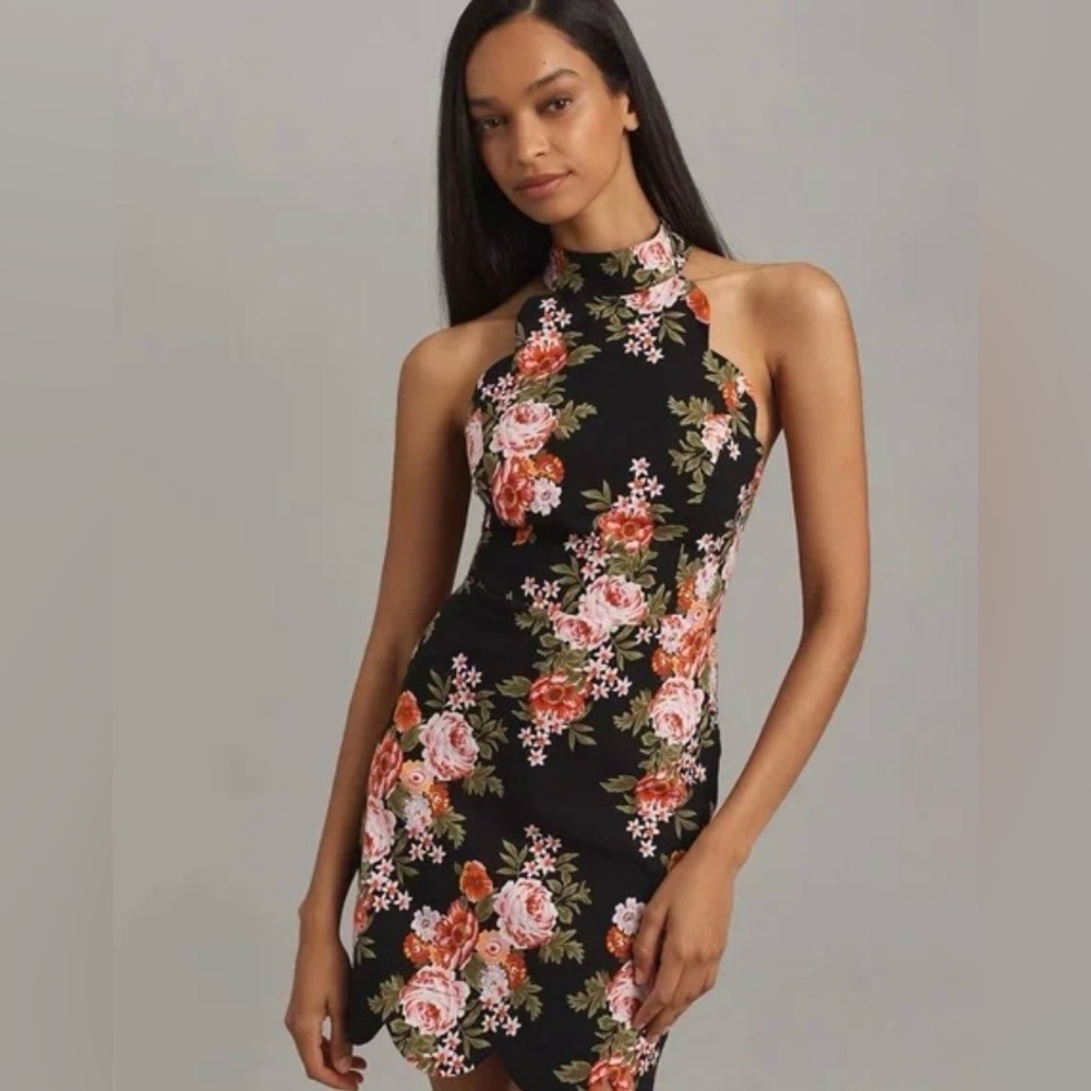 By Anthropologie MAEVE Halter Scallop Mini Dress Magic Fabric Black Floral Sz Lg